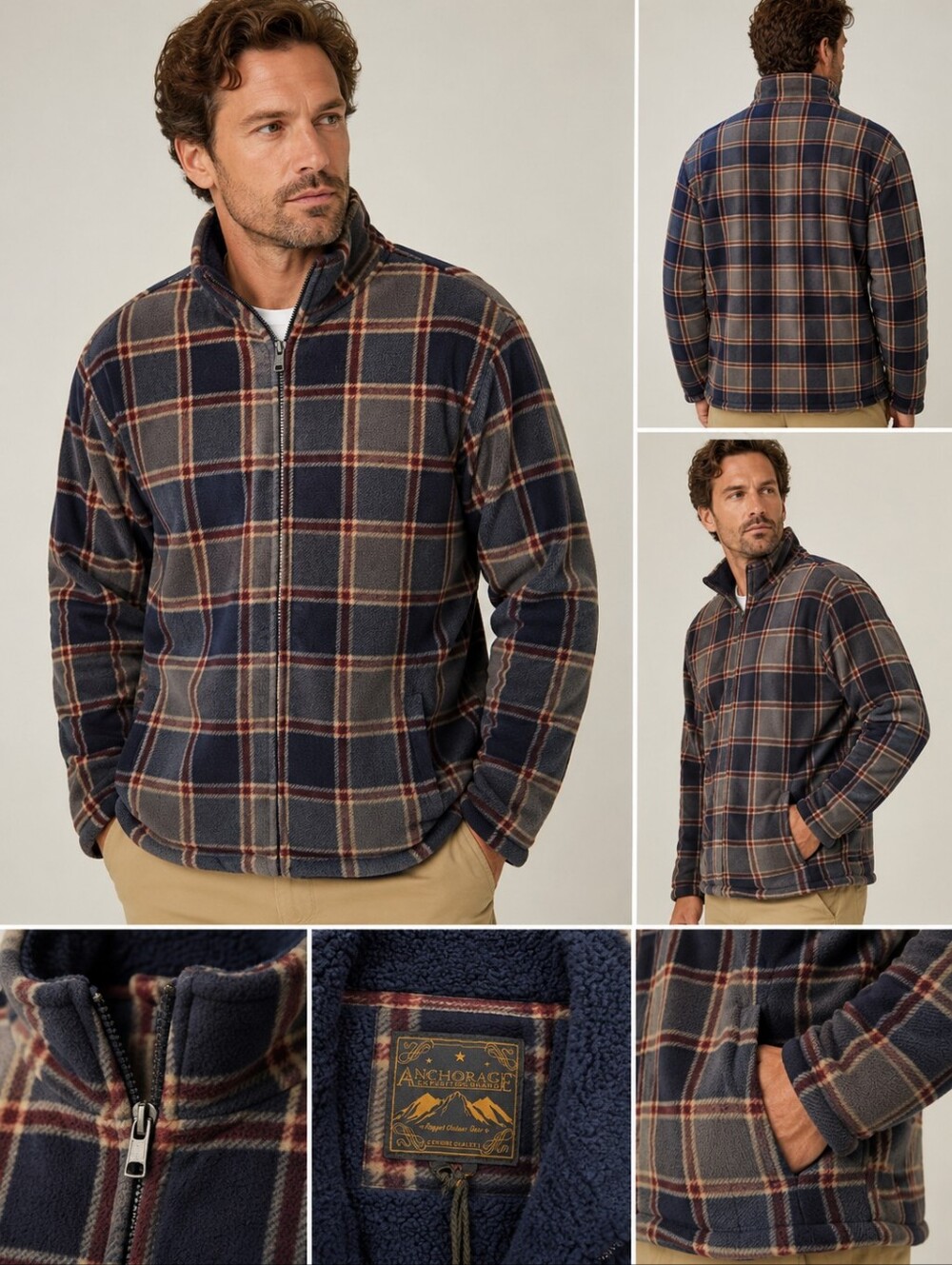 Anchorage Expedition Plaid Blue  Sherpa Fleece Jacket Full Zip Cozy Outdoor XL